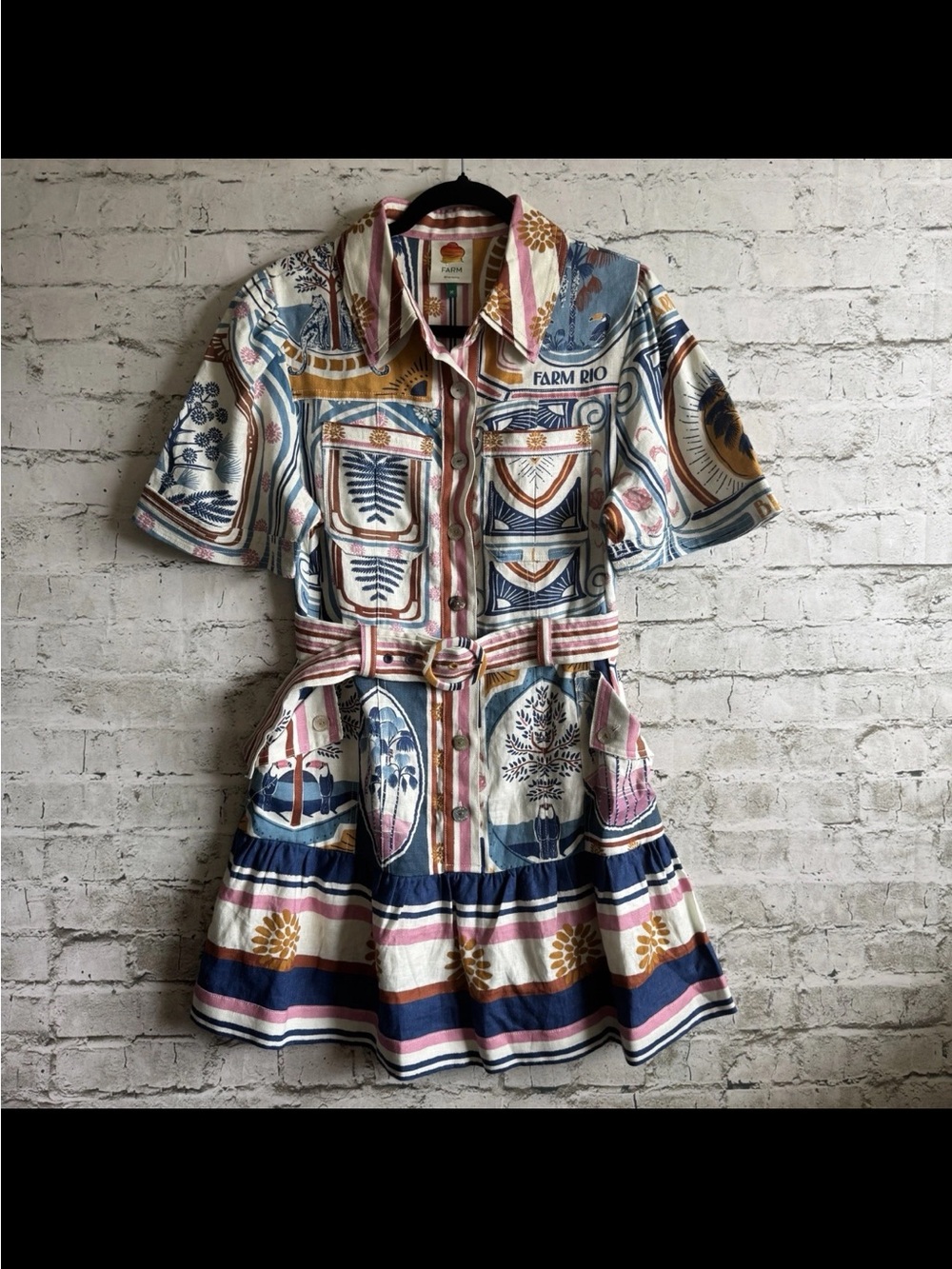 Farm Rio Cerrado Stamps Short Sleeve Belted Linen Mini Dress - Picture 3 of 15